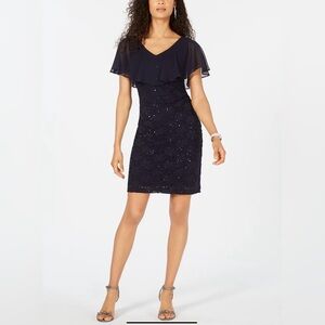 Connected Apparel Sequined Lace Capelet Dress